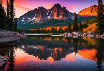 Fototapeta premium vibrant sunset over serene mountain lake reflecting colors tranquil waters surrounded majestic peaks lush greenery, reflection, sky, clouds, orange, pink, blue