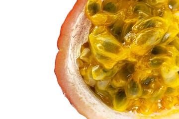 A half a passion fruit. The inside is bright yellow and full of seeds, clearly visible. The outer skin is light pink. The flesh is jelly-like.