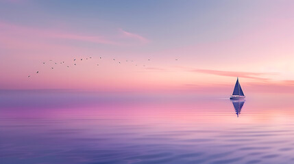 Sailboat on Tranquil Water at Sunrise with Pink and Purple Sky