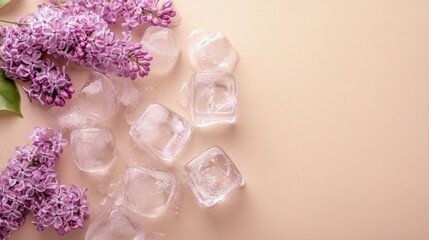 Lilac flowers and ice cubes on beige background, minimalistic composition. Refreshing summer concept