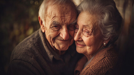 Senior couple embracing each other with affectionate smiles in a warm, intimate setting. Love and companionship in old age concept