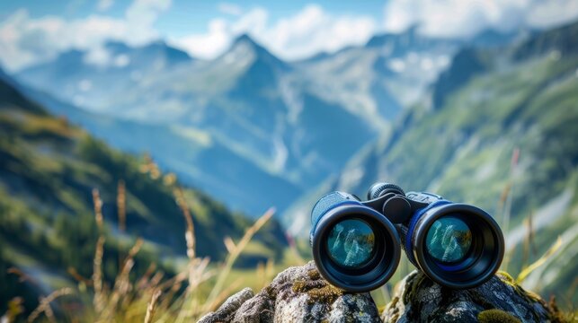 Binoculars on mountain rocks with scenic valley view, adventurous exploration concept