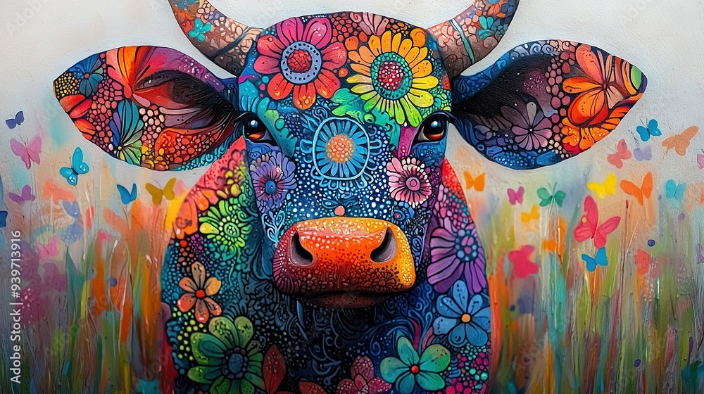 Wall mural a colorful painting of a cow adorned with flowers on its face and a butterfly perched on its nose