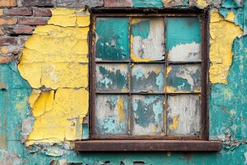 Naklejka premium A window with a green frame and yellow paint peeling off the wall, generative ai image