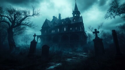 Obraz premium Haunted gothic mansion in eerie foggy cemetery