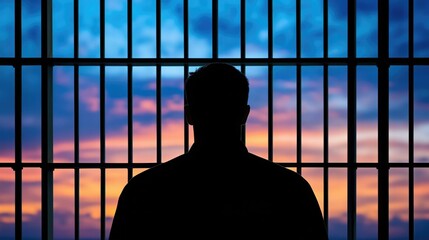 Silhouette of a person behind jail bars with a colorful sunset sky