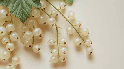 Obraz premium Close-up of white currant berries with green leaves on a light background. Fresh and organic food concept