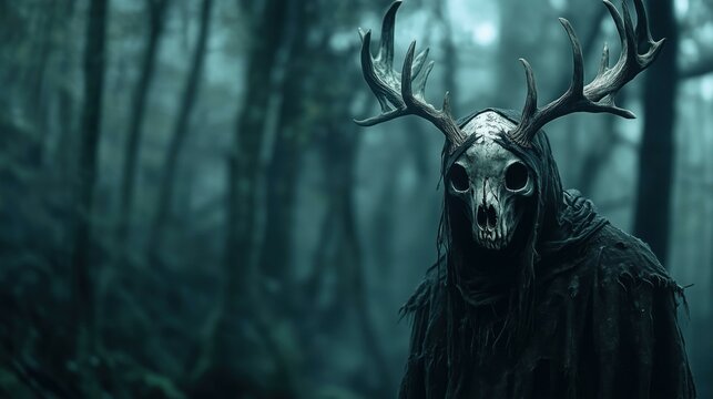A scary hooded forest spirit in a dark forest
