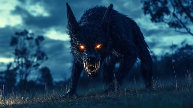 Mythical chupacabra with glowing eyes under a cloudy night sky