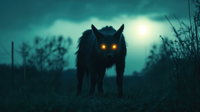 A mysterious chupacabra monster with glowing eyes under a full moon in a dark eerie landscape