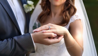 Wedding ring on the bride's finger, just married