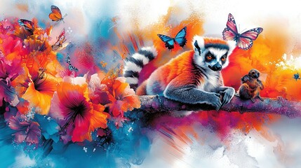   A lemur sitting on a branch with flowers and a butterfly above it