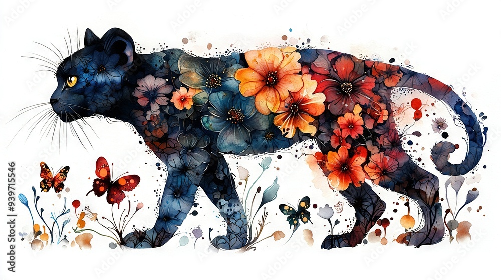 Wall mural watercolor depiction of feline adorned with flora and winged creatures on its physique, including a 