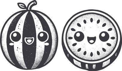 Grunge-Style Watermelon Smiling Fruit Character with Texture, Rough Hand-Drawn with Grainy Print Effect.