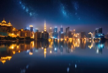 Fototapeta premium vibrant night views showcasing tranquil water reflections under starry sky colorful city lights, cityscape, skyline, nightscape, urban, illumination, dusk