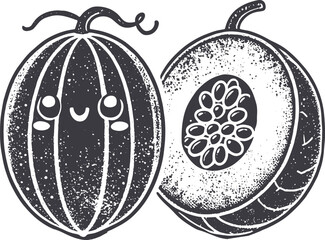 Grunge-Style Melon Smiling Fruit Character with Texture, Rough Hand-Drawn with Grainy Print Effect.