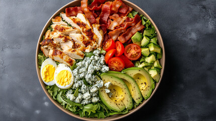 Cobb salad in a round bowl with chicken, bacon, avocado, eggs, tomatoes, and blue cheese crumbles