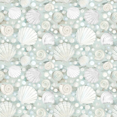 Plaid avec photo Seamless pattern with bordure of white sea shells and pearls, watercolor illustration. Hand drawn ocean clams clipart for nautical and seaside designs in delicate pastel colors