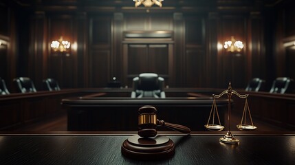Obraz premium Gavel and Scales of Justice on a Courtroom Table