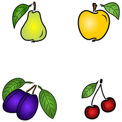 Four colorful icons - pear, apple, plums, pears