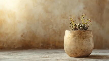   A close-up of a plant in a pot on a table against a wall background
