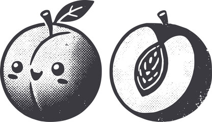 Grunge-Style Peach Smiling Fruit Character with Texture, Rough Hand-Drawn with Grainy Print Effect.