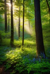Fototapeta premium vibrant forest environment featuring lush greenery bathed radiant sunlight creating picturesque natural landscape, nature, trees, leaves, plants, soil, rays