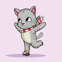 Adorable Fall Gray cat Character | Chibi Kawaii Skating cat  | Cute Autumn Icon & Sticker Design