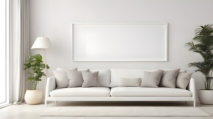 white frame mockup set against a blank white wall in the inside of a living room