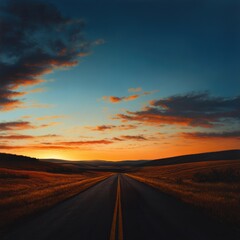 Sunset road stretching into the horizon, flanked by vast open fields and a vibrant evening sky with clouds. Serene and picturesque landscape.