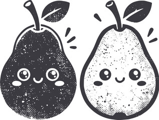 Grunge-Style Pear Smiling Fruit Character with Texture, Rough Hand-Drawn with Grainy Print Effect.