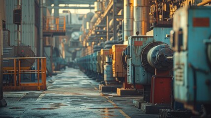 A row of industrial machines in an outdoor yard of a factory, highlighted by bright lighting and an industrial atmosphere.