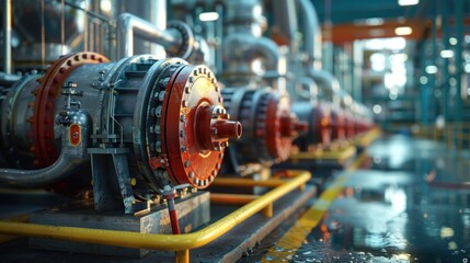An array of industrial pumps in the exterior grounds of a chemical plant, highlighted by cool lighting and a technical environment.