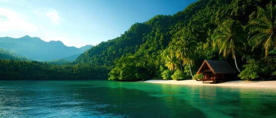 Tranquil tropical beach with lush green forest and cozy wooden cabin overlooking crystal clear water under a bright blue sky.