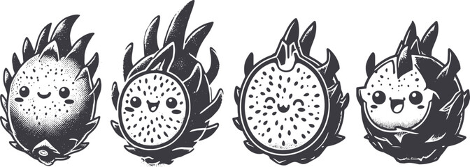 Grunge-Style Dragonfruit Smiling Fruit Character with Texture, Rough Hand-Drawn with Grainy Print Effect.