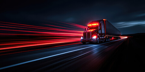 American semi-trailer truck speeding on a highway at night with red light trails