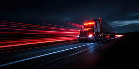 American semi-trailer truck speeding on a highway at night with red light trails