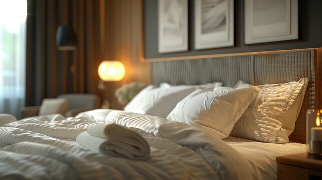 A meticulously arranged hotel bed in a five-star room with guest necessities such as a minibar, premium toiletries, and a welcome gift.