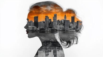 A silhouette of a woman overlays a vibrant city skyline, showcasing urban life at sunset