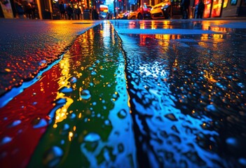 vibrant raindrops reflecting colorful urban surfaces creating kaleidoscope colors textures city environment, rainbow, lgbtq, lgbt, pride, love, equality
