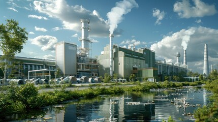 Obraz premium Recycling plant exterior in an eco-industrial park, showcasing natural daylight and green surroundings.