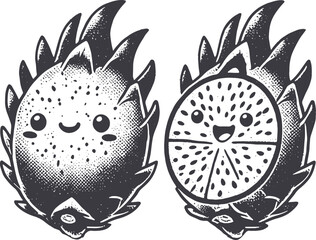 Grunge-Style Dragonfruit Smiling Fruit Character with Texture, Rough Hand-Drawn with Grainy Print Effect.