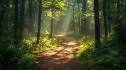 Peaceful forest path with sunlight streaming through trees perfect for high-definition tranquil backgrounds