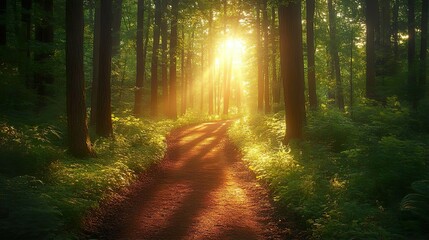 Obraz premium Serene woodland trail bathed in sunlight captured in high-definition for calming nature backgrounds
