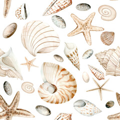 Seamless pattern of beige sea shells, stars and pebbles watercolor illustration. Hand drawn ocean clams clipart for marine and seaside designs in monochrome pastel colors