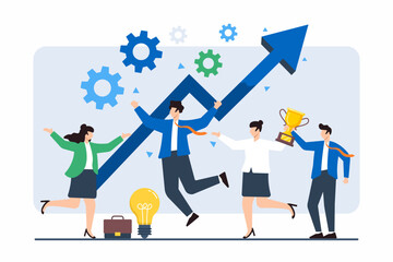 Flat illustration of team members guiding large arrow upwards to represent collective success and progress