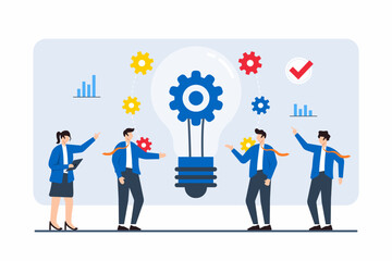 Flat illustration of colleagues supporting lightbulb idea being implemented as new business initiative