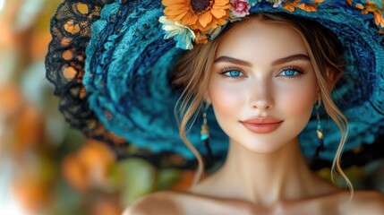 Naklejka premium A captivating close-up portrait of a young woman with striking blue eyes, wearing a colorful floral hat, and exuding an aura of natural beauty