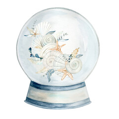 Beige sea shells, pebbles and seaweed in glass ball watercolor illustration isolated on white background. Hand drawn ocean clams clipart for marine and seaside designs in monochrome pastel colors