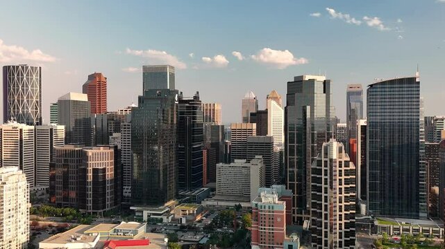 Aerial view of Calgary skyline at sunset, Alberta - Canada